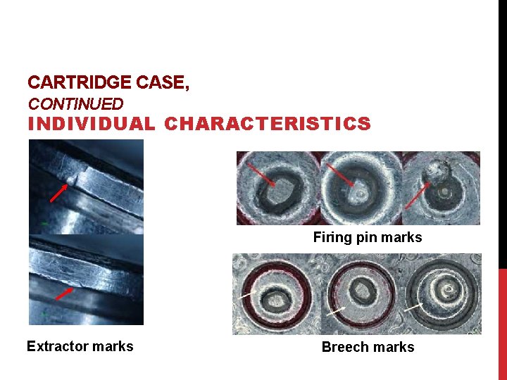 CARTRIDGE CASE, CONTINUED INDIVIDUAL CHARACTERISTICS Firing pin marks Extractor marks Breech marks 