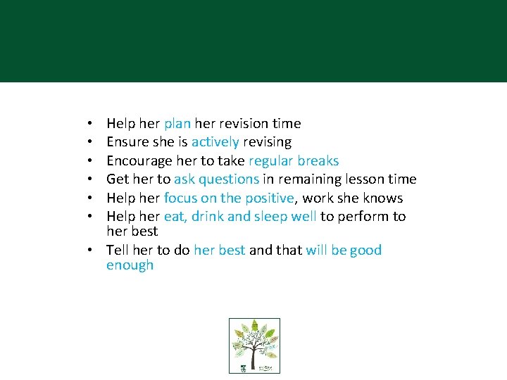 In summary Help her plan her revision time Ensure she is actively revising Encourage