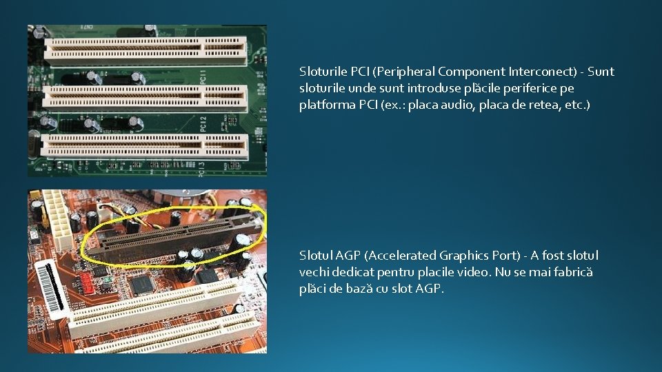 Sloturile PCI (Peripheral Component Interconect) - Sunt sloturile unde sunt introduse plăcile periferice pe