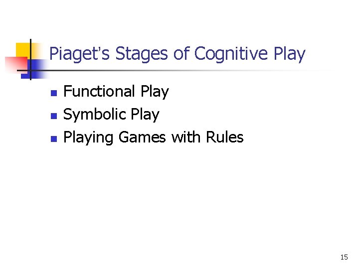 Piaget’s Stages of Cognitive Play n n n Functional Play Symbolic Playing Games with