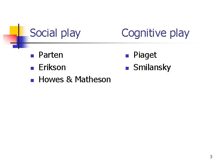 Social play n n n Parten Erikson Howes & Matheson Cognitive play n n