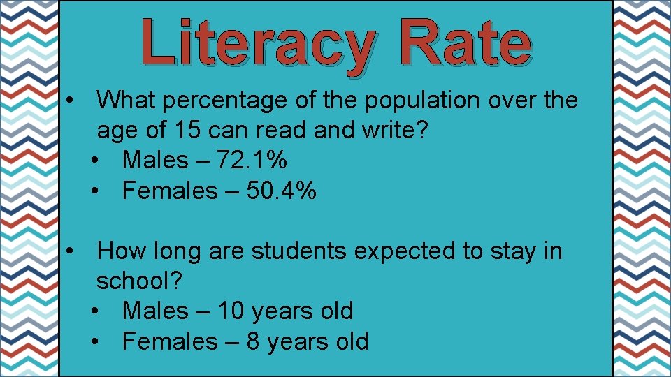 Literacy Rate • What percentage of the population over the age of 15 can