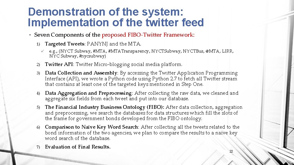 Demonstration of the system: Implementation of the twitter feed • Seven Components of the