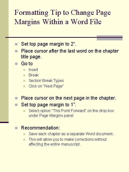 Formatting Tip to Change Page Margins Within a Word File n Set top page