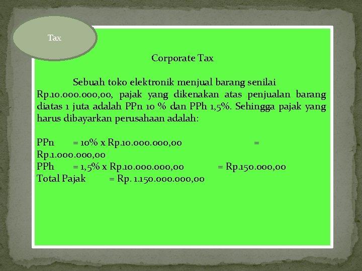 Tax Corporate Tax Sebuah toko elektronik menjual barang senilai Rp. 10. 000, 00, pajak