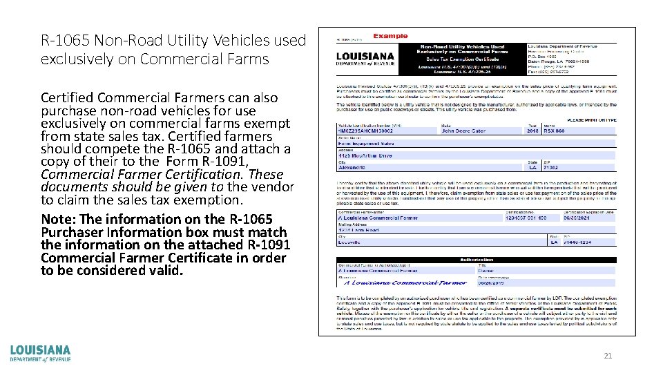 R-1065 Non-Road Utility Vehicles used exclusively on Commercial Farms Certified Commercial Farmers can also