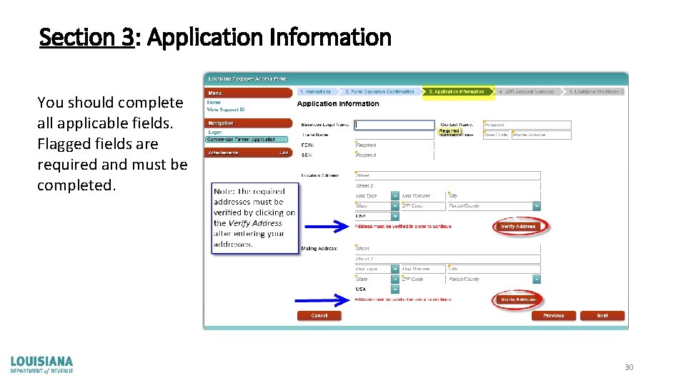 Section 3: Application Information You should complete all applicable fields. Flagged fields are required