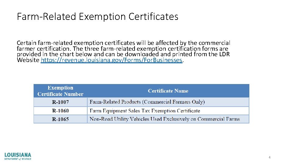 Farm-Related Exemption Certificates Certain farm-related exemption certificates will be affected by the commercial farmer