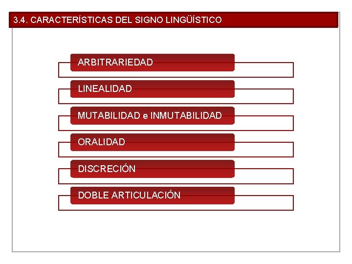 3. 4. CARACTERÍSTICAS DEL SIGNO LINGÜÍSTICO ARBITRARIEDAD LINEALIDAD MUTABILIDAD e INMUTABILIDAD ORALIDAD DISCRECIÓN DOBLE