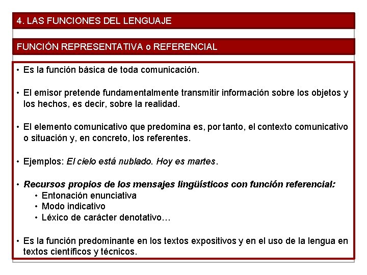 4. LAS FUNCIONES DEL LENGUAJE FUNCIÓN REPRESENTATIVA o REFERENCIAL • Es la función básica 4. LAS FUNCIONES DEL LENGUAJE FUNCIÓN REPRESENTATIVA o REFERENCIAL • Es la función básica