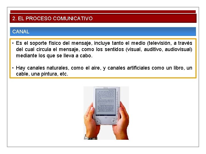 2. EL PROCESO COMUNICATIVO CANAL • Es el soporte físico del mensaje, incluye tanto