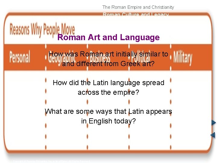 The Roman Empire and Christianity Roman Culture and Legacy Roman Art and Language How