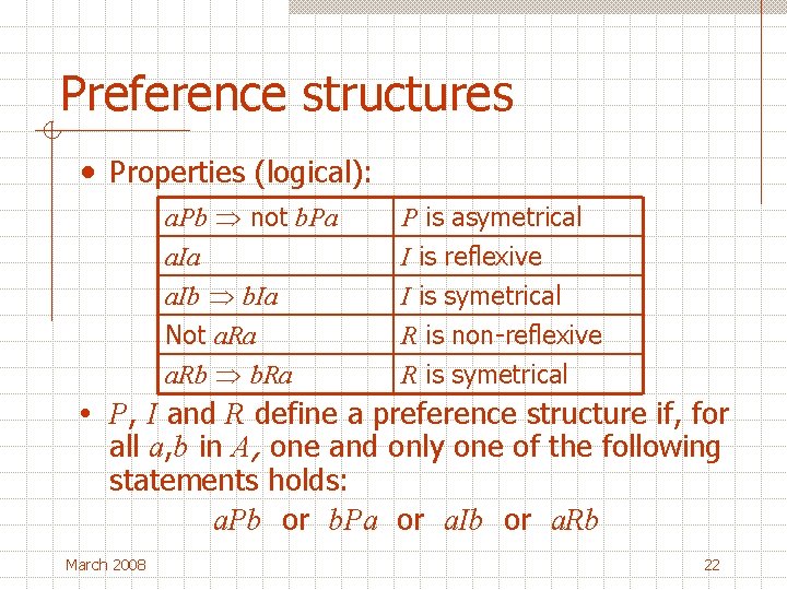 Preference structures • Properties (logical): a. Pb not b. Pa a. Ib b. Ia