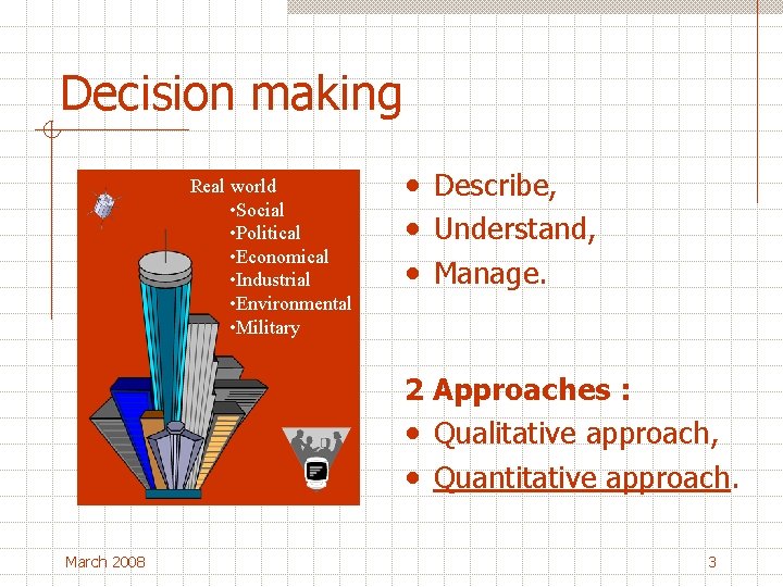 Decision making Real world • Social • Political • Economical • Industrial • Environmental