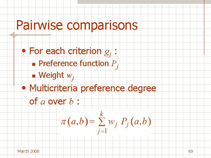 Pairwise comparisons • For each criterion gj : n n Preference function Pj Weight