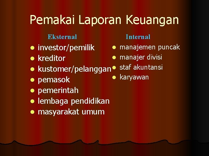 Pemakai Laporan Keuangan Eksternal l l l l investor/pemilik l kreditor kustomer/pelanggan l l