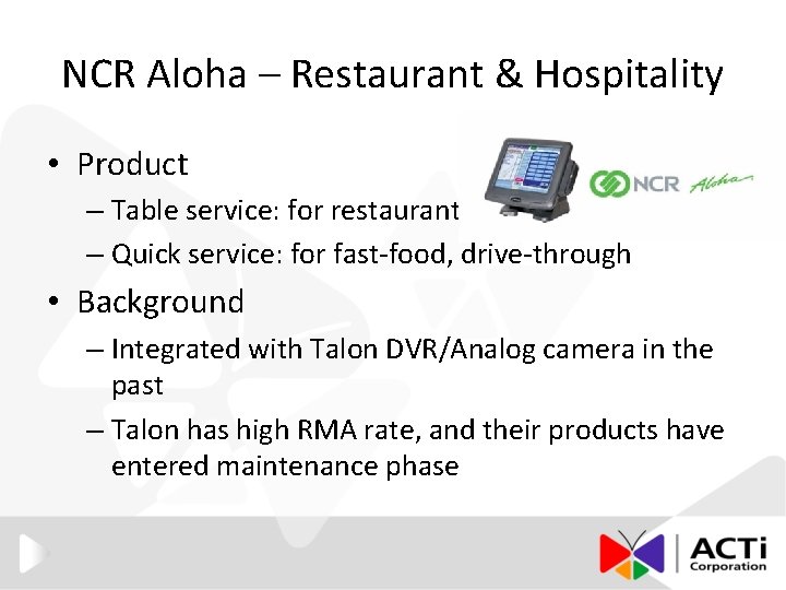 NCR Aloha – Restaurant & Hospitality • Product – Table service: for restaurant –