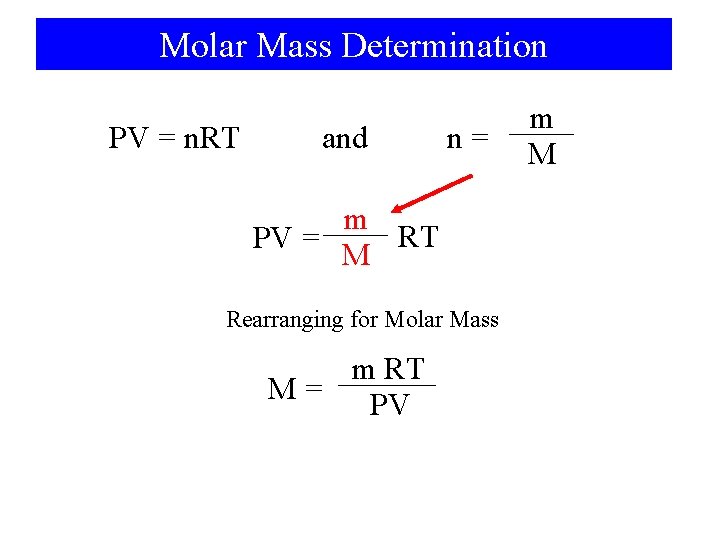 Molar Mass Determination PV = n. RT and n= m RT PV = M