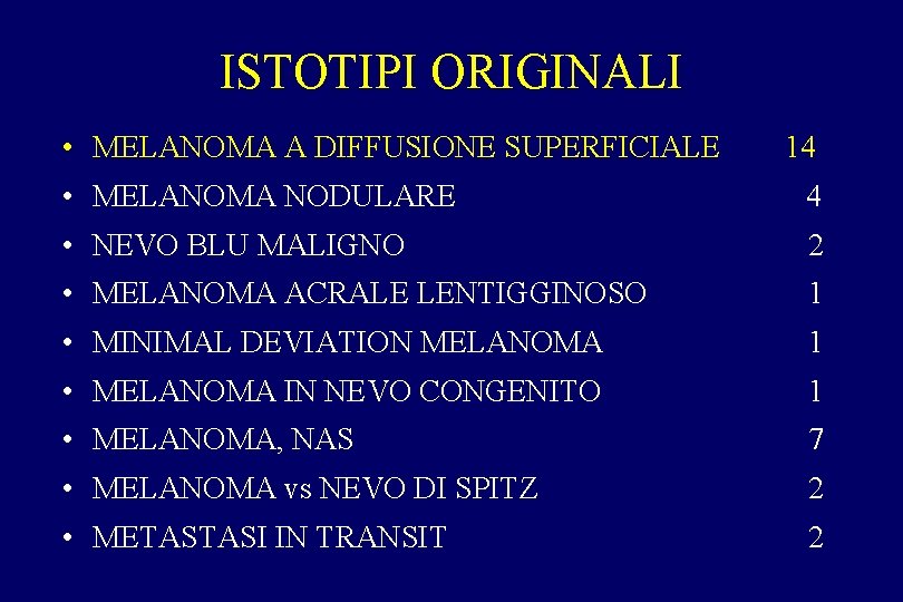 ISTOTIPI ORIGINALI • MELANOMA A DIFFUSIONE SUPERFICIALE 14 • MELANOMA NODULARE 4 • NEVO ISTOTIPI ORIGINALI • MELANOMA A DIFFUSIONE SUPERFICIALE 14 • MELANOMA NODULARE 4 • NEVO