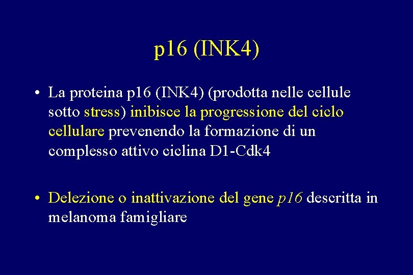 p 16 (INK 4) • La proteina p 16 (INK 4) (prodotta nelle cellule p 16 (INK 4) • La proteina p 16 (INK 4) (prodotta nelle cellule