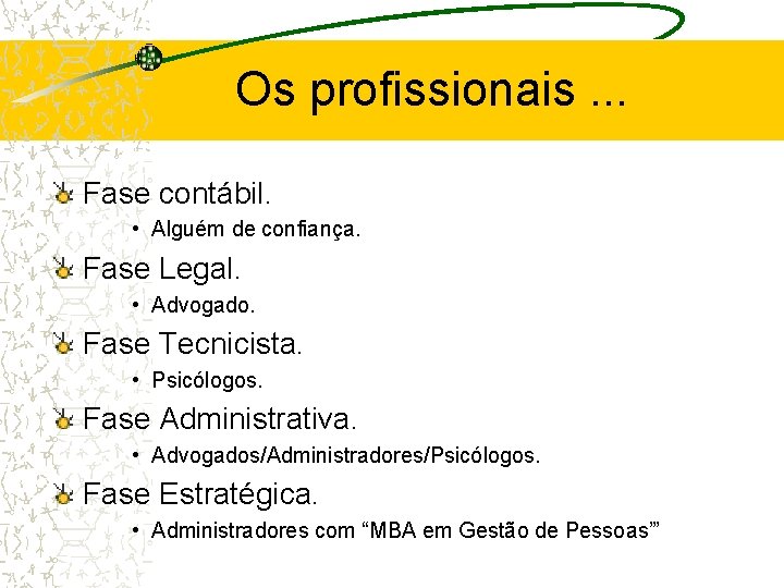 Os profissionais. . . Fase contábil. • Alguém de confiança. Fase Legal. • Advogado.