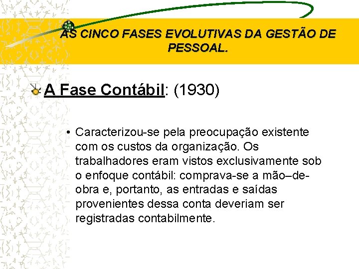 AS CINCO FASES EVOLUTIVAS DA GESTÃO DE PESSOAL. A Fase Contábil: (1930) • Caracterizou-se