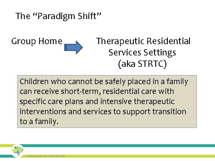 The “Paradigm Shift” Group Home Therapeutic Residential Services Settings (aka STRTC) Children who cannot