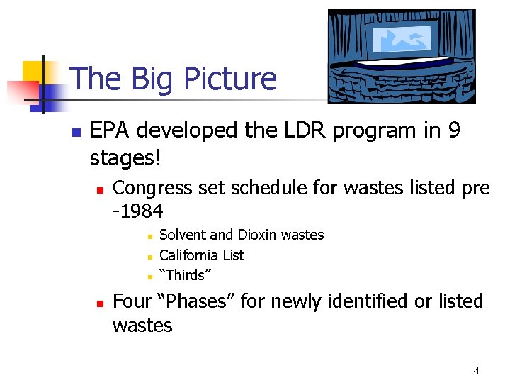 The Big Picture n EPA developed the LDR program in 9 stages! n Congress