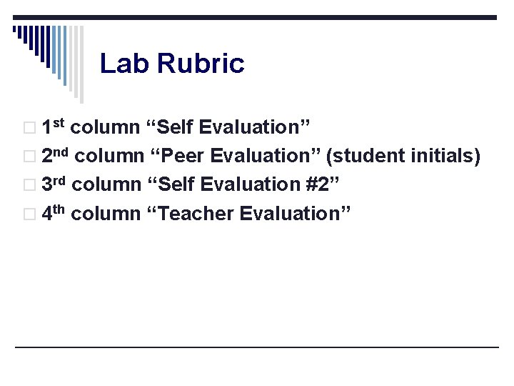 Lab Rubric o 1 st column “Self Evaluation” o 2 nd column “Peer Evaluation”