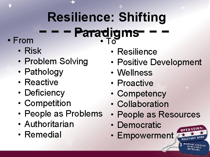 Resilience: Shifting Paradigms • From • To • Risk • Resilience • Problem Solving