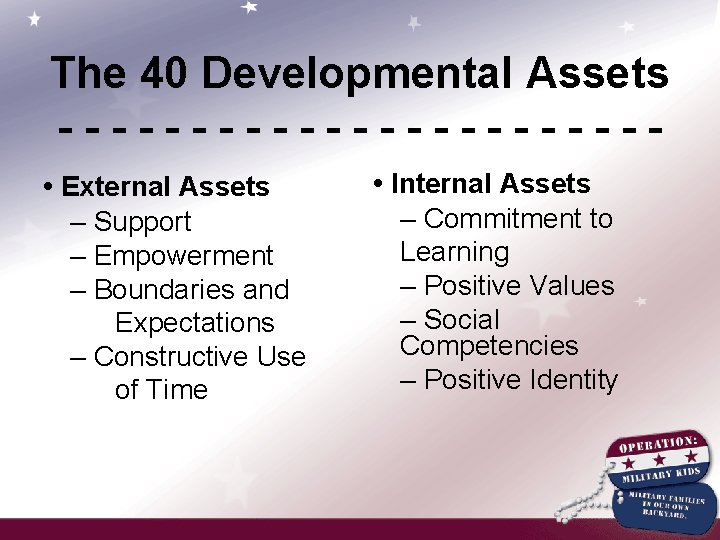 The 40 Developmental Assets ----------- • External Assets – Support – Empowerment – Boundaries