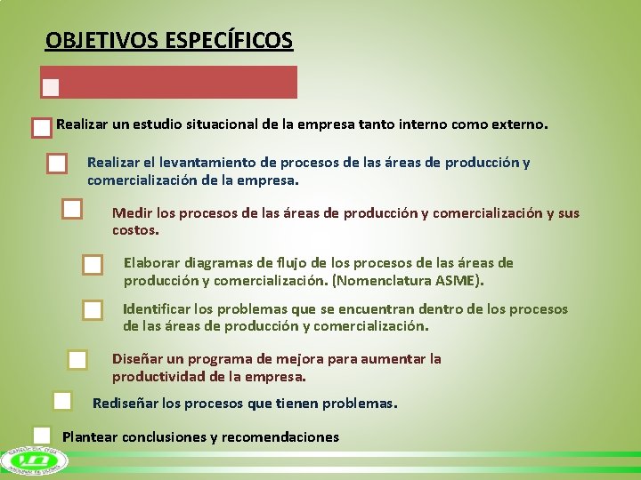 OBJETIVOS ESPECÍFICOS Realizar un estudio situacional de la empresa tanto interno como externo. Realizar