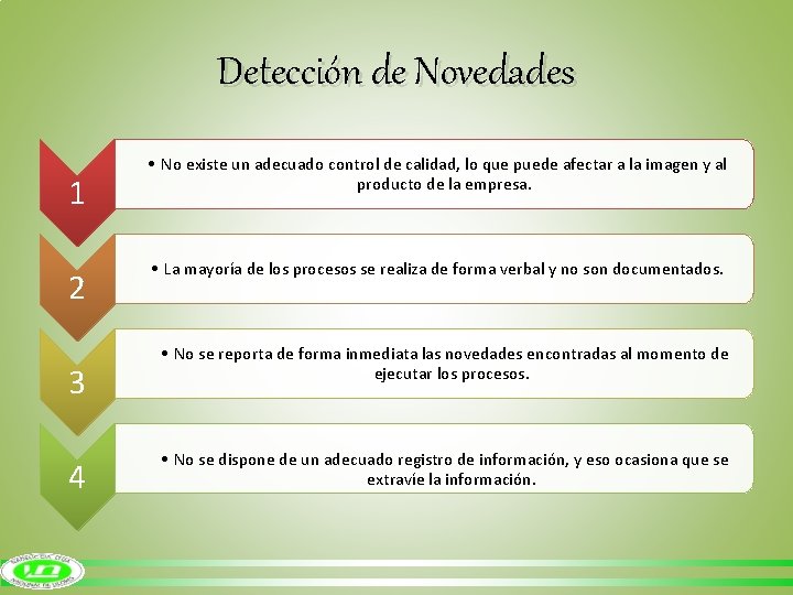 Detección de Novedades 1 2 3 4 • No existe un adecuado control de