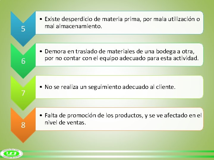 5 6 7 8 • Existe desperdicio de materia prima, por mala utilización o