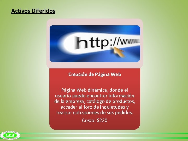 Activos Diferidos Creación de Página Web dinámica, donde el usuario puede encontrar información de