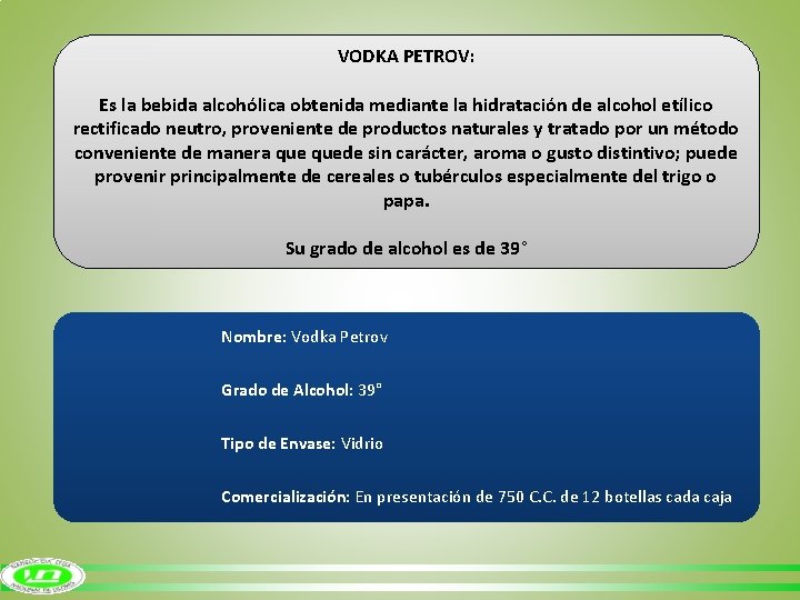 VODKA PETROV: Es la bebida alcohólica obtenida mediante la hidratación de alcohol etílico rectificado