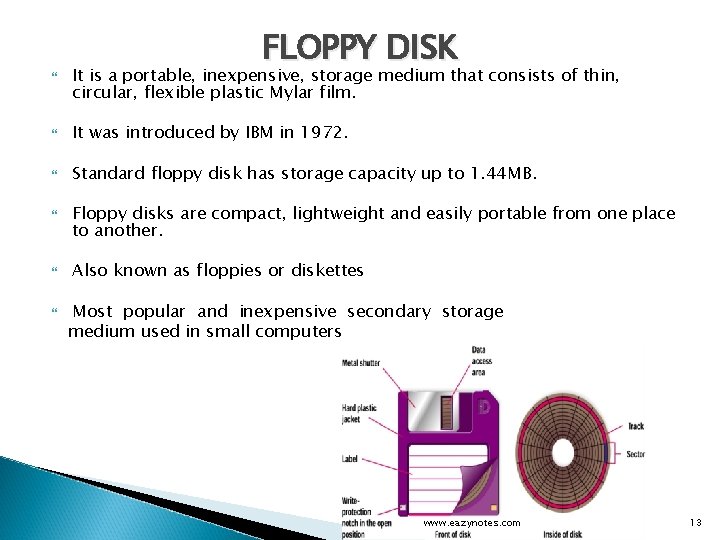  FLOPPY DISK It is a portable, inexpensive, storage medium that consists of thin,