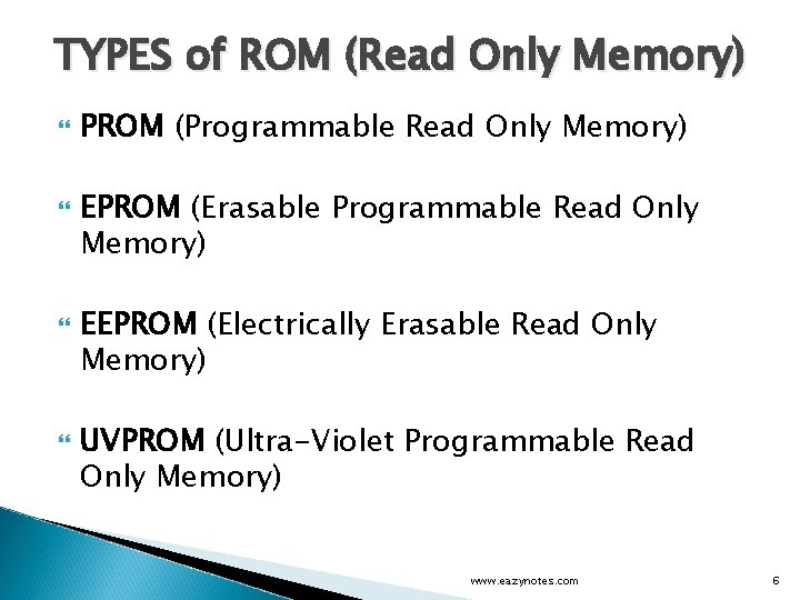 TYPES of ROM (Read Only Memory) PROM (Programmable Read Only Memory) EPROM (Erasable Programmable