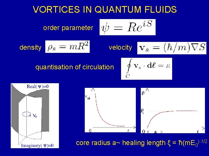 VORTICES IN QUANTUM FLUIDS order parameter density velocity quantisation of circulation core radius a~