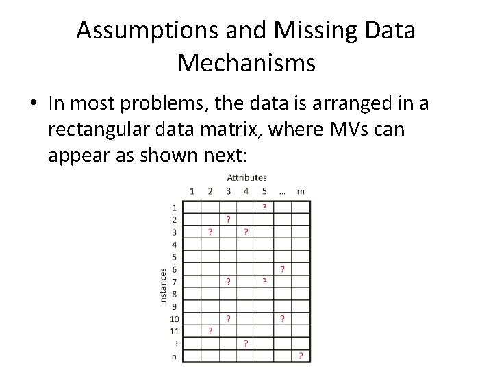 Assumptions and Missing Data Mechanisms • In most problems, the data is arranged in