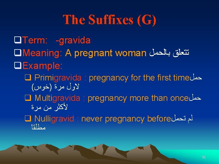 The Suffixes (G) q. Term: -gravida q. Meaning: A pregnant woman ﺗﺘﻌﻠﻖ ﺑﺎﻟﺤﻤﻞ q.