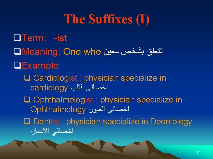 The Suffixes (I) q. Term: -ist q. Meaning: One who ﺗﺘﻌﻠﻖ ﺑﺸﺨﺺ ﻣﻌﻴﻦ q.