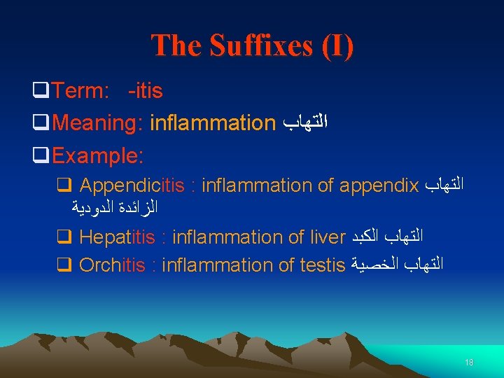 The Suffixes (I) q. Term: -itis q. Meaning: inflammation ﺍﻟﺘﻬﺎﺏ q. Example: q Appendicitis