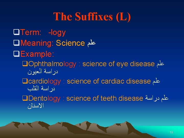 The Suffixes (L) q. Term: -logy q. Meaning: Science ﻋﻠﻢ q. Example: q. Ophthalmology