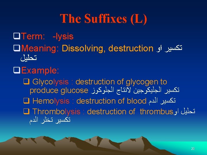 The Suffixes (L) q. Term: -lysis q. Meaning: Dissolving, destruction ﺗﻜﺴﻴﺮ ﺍﻭ ﺗﺤﻠﻴﻞ q.