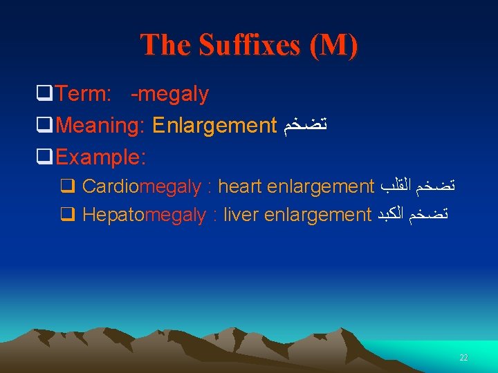 The Suffixes (M) q. Term: -megaly q. Meaning: Enlargement ﺗﻀﺨﻢ q. Example: q Cardiomegaly