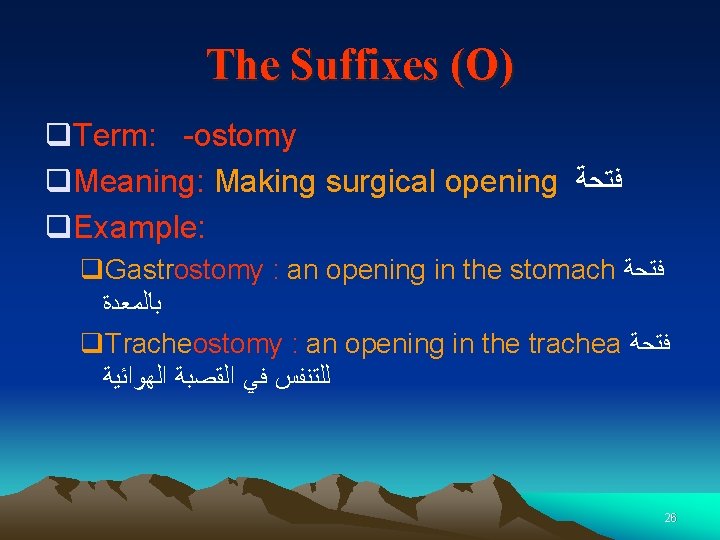 The Suffixes (O) q. Term: -ostomy q. Meaning: Making surgical opening ﻓﺘﺤﺔ q. Example: