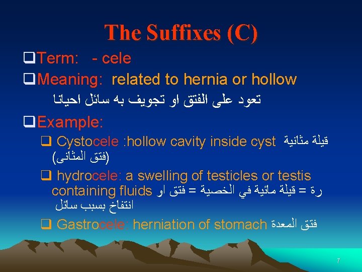 The Suffixes (C) q. Term: - cele q. Meaning: related to hernia or hollow