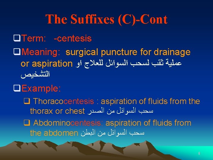 The Suffixes (C)-Cont q. Term: -centesis q. Meaning: surgical puncture for drainage or aspiration