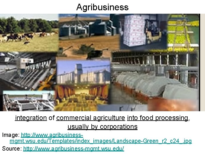 Agribusiness integration of commercial agriculture into food processing, usually by corporations Image: http: //www.